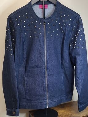 Antthony Dark Blue Studded Zip-Front Denim Jacket size 14